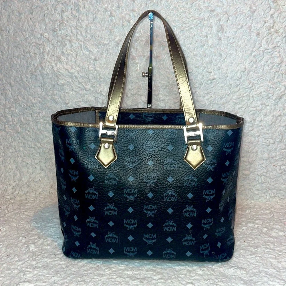 MCM Visetos Monogram Princess Lion Snakeskin Stripe Shoulder Bag Tote in Black - Picture 9 of 17